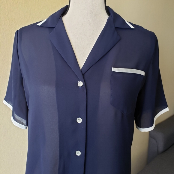 Vintage Sheer Navy Diner Style Collar Top - Picture 5 of 7